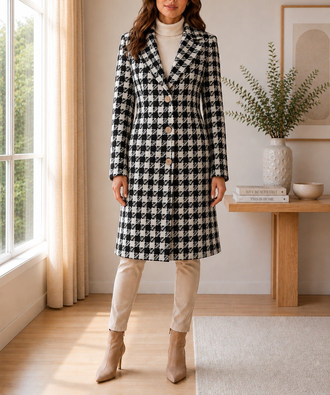 Ladies Houndstooth 3 Button Melton Coat - StylePhase SA