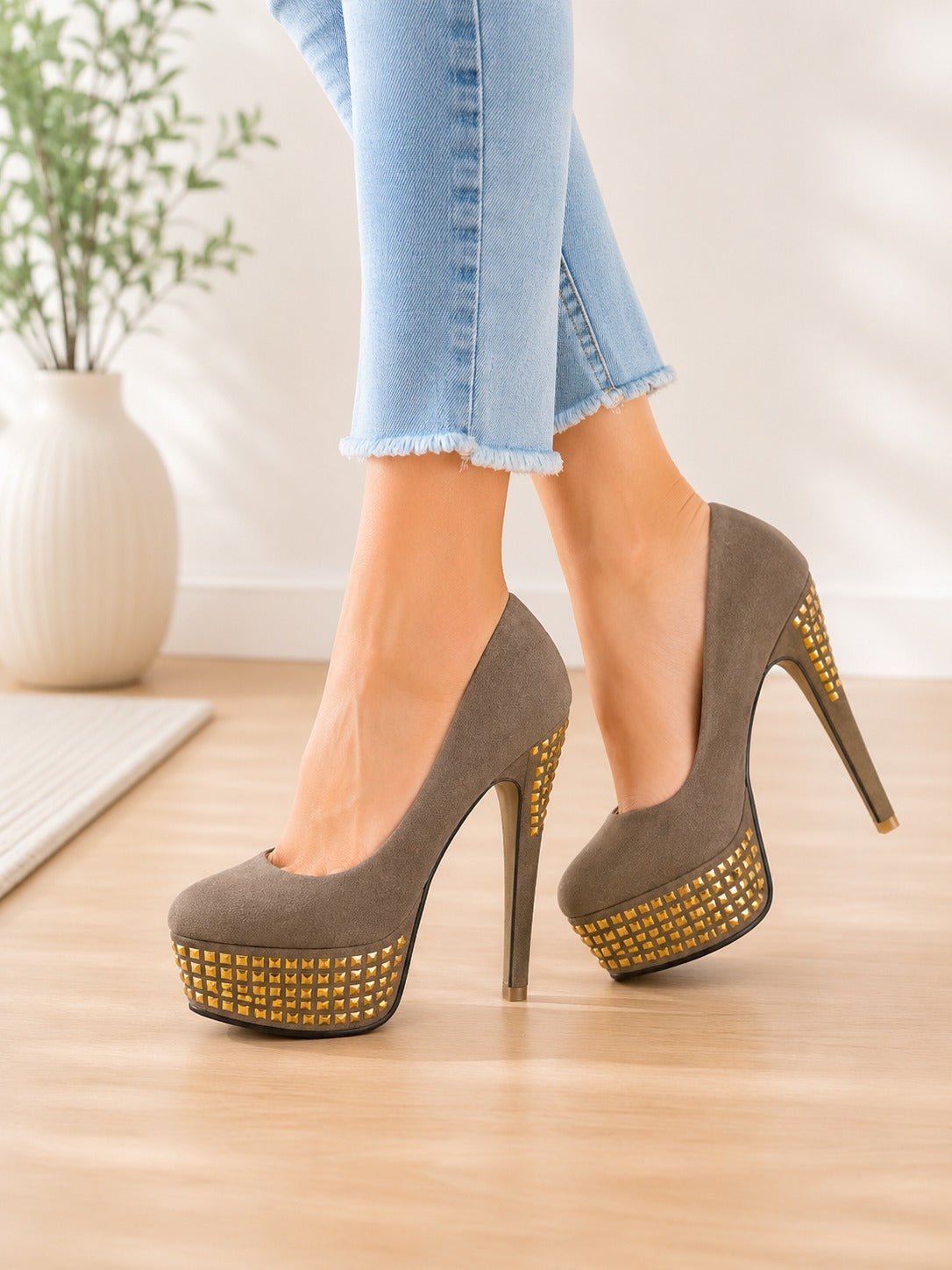 Ladies Khaki Diamante Heel - StylePhase SA