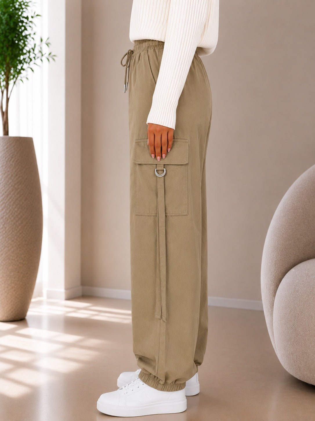 Ladies Khaki Drawstring Cargo Pants - StylePhase SA