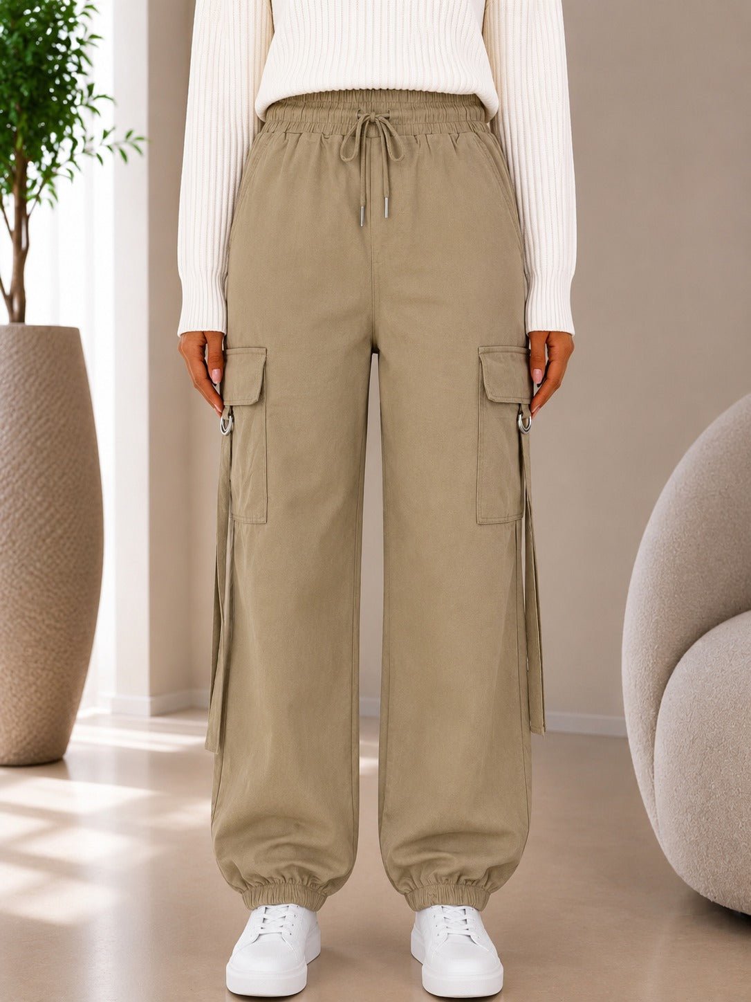 Ladies Khaki Drawstring Cargo Pants - StylePhase SA