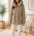 Ladies Khaki Faux Fur Trim Hoody Jacket - StylePhase SA