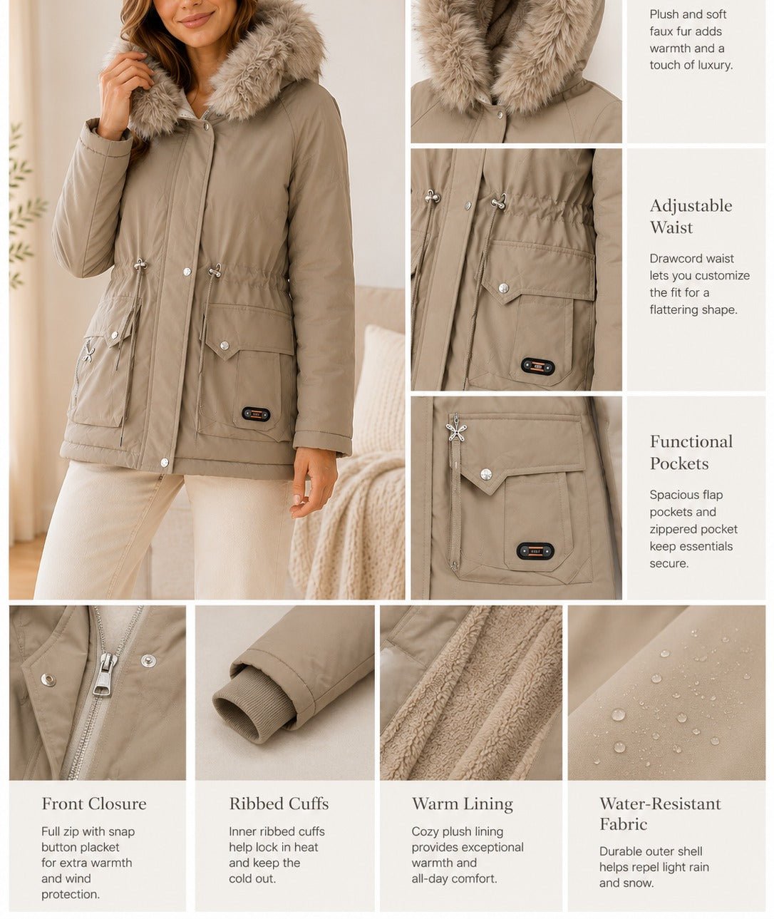 Ladies Khaki Faux Fur Trim Hoody Jacket - StylePhase SA