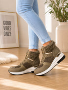 Ladies Khaki Faux Fur Trim Platform Sneaker Boots - StylePhase SA