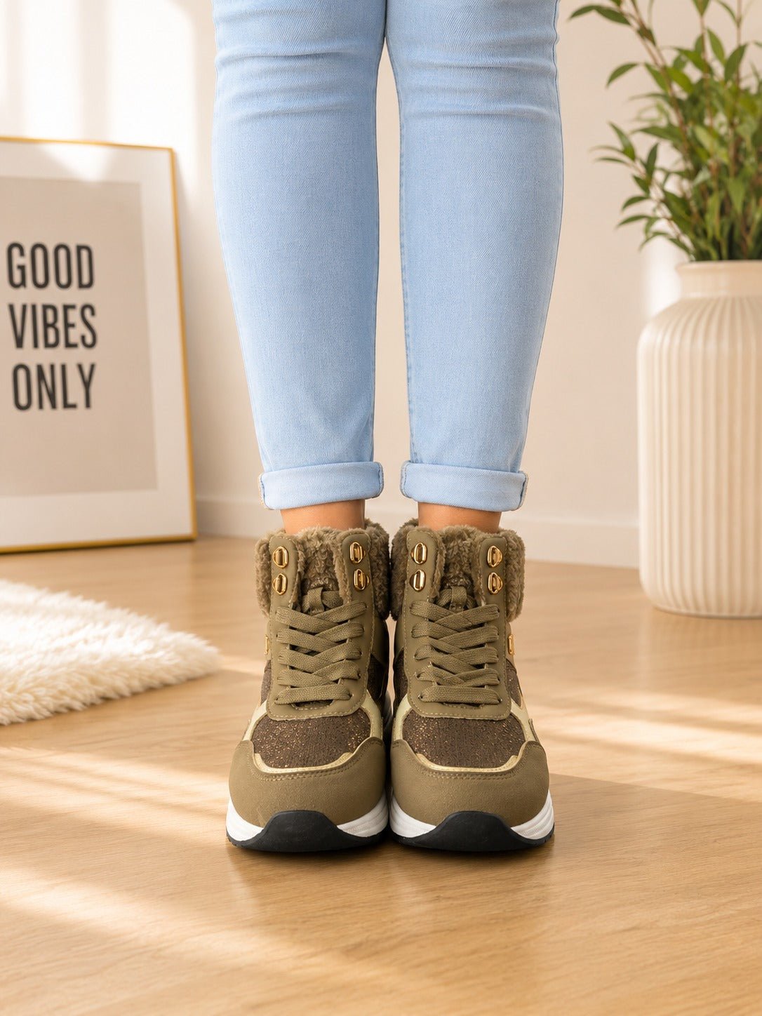 Ladies Khaki Faux Fur Trim Platform Sneaker Boots - StylePhase SA