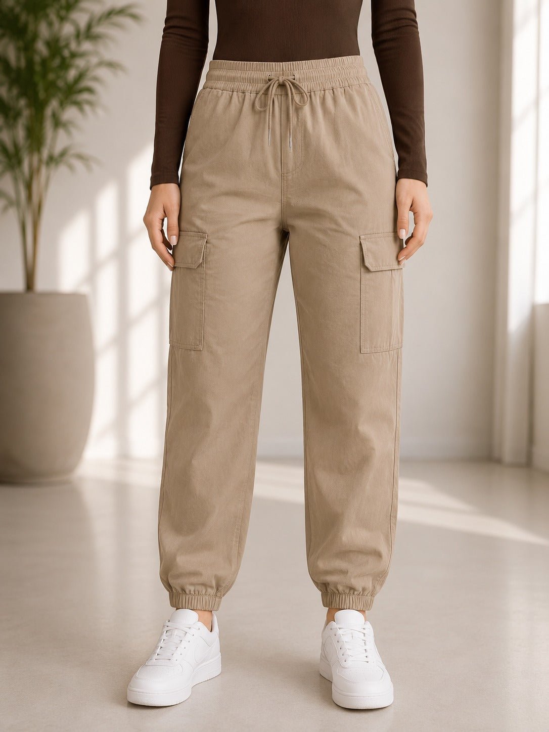Ladies Khaki Mid-Rise Drawstring Cargo Jogger - StylePhase SA