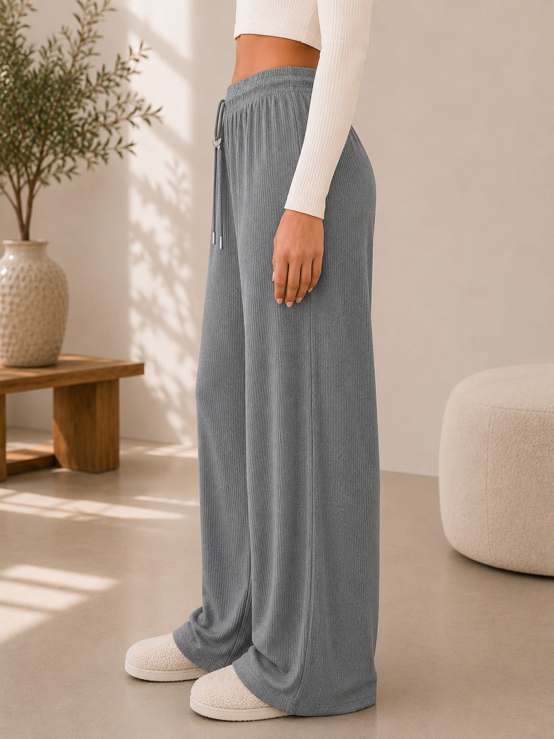 Ladies Khaki Wide Leg Drawstring Knit Pants - StylePhase SA