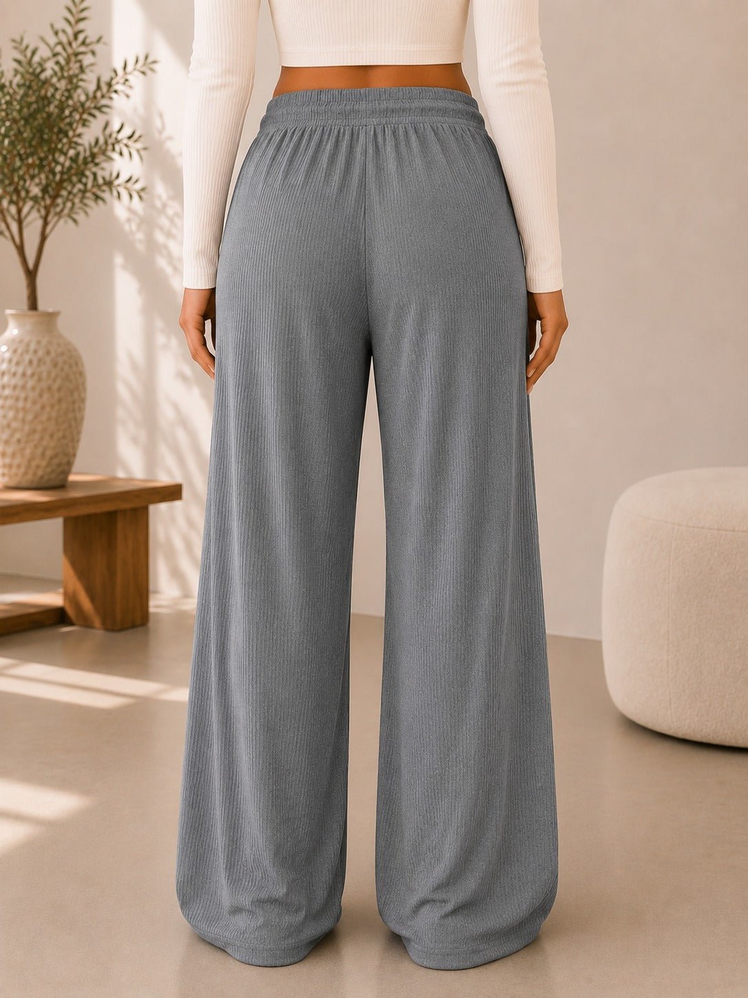 Ladies Khaki Wide Leg Drawstring Knit Pants - StylePhase SA