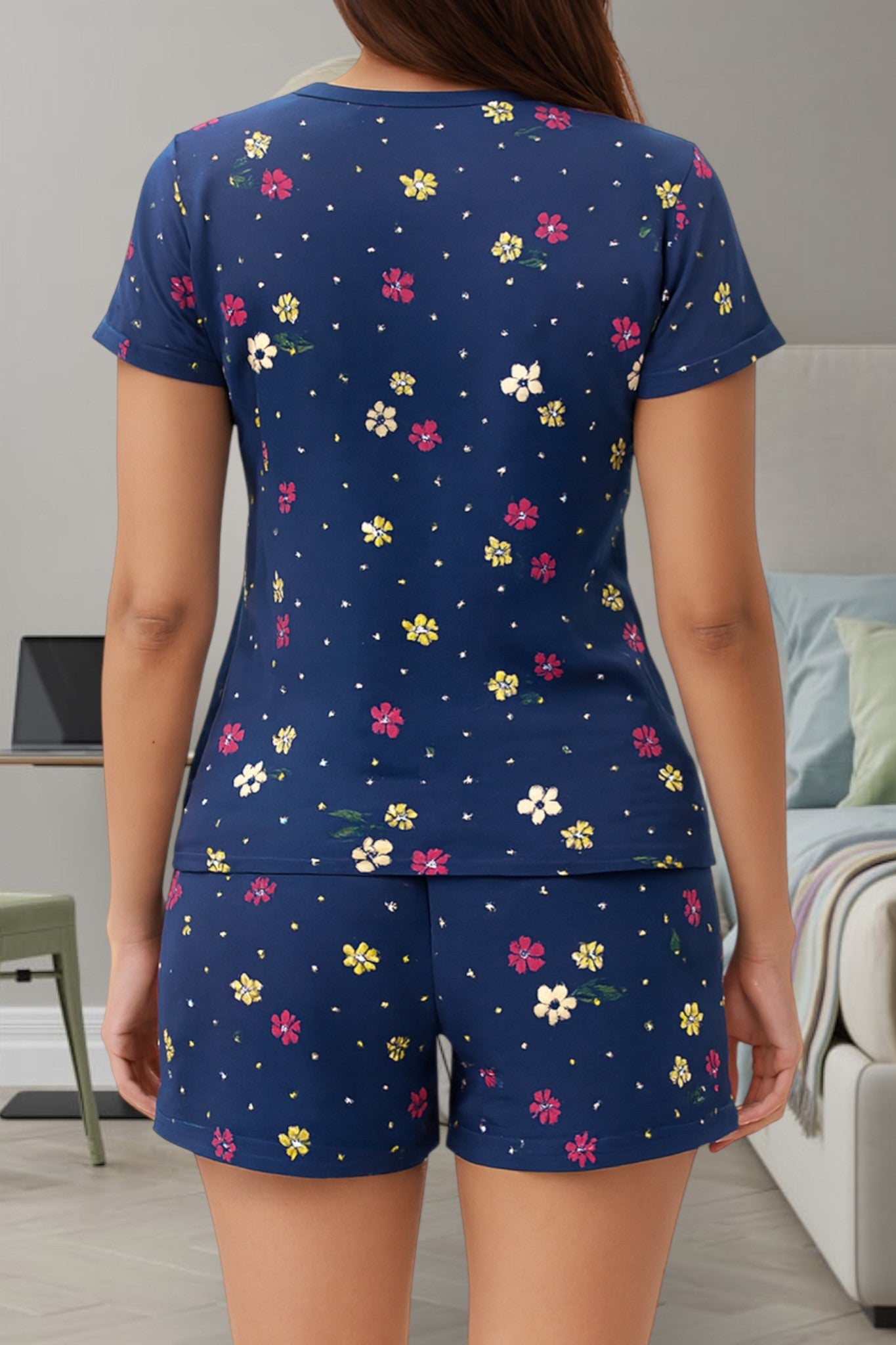 Ladies Knit Pj Set - Navy And Pink Floral - StylePhase SA