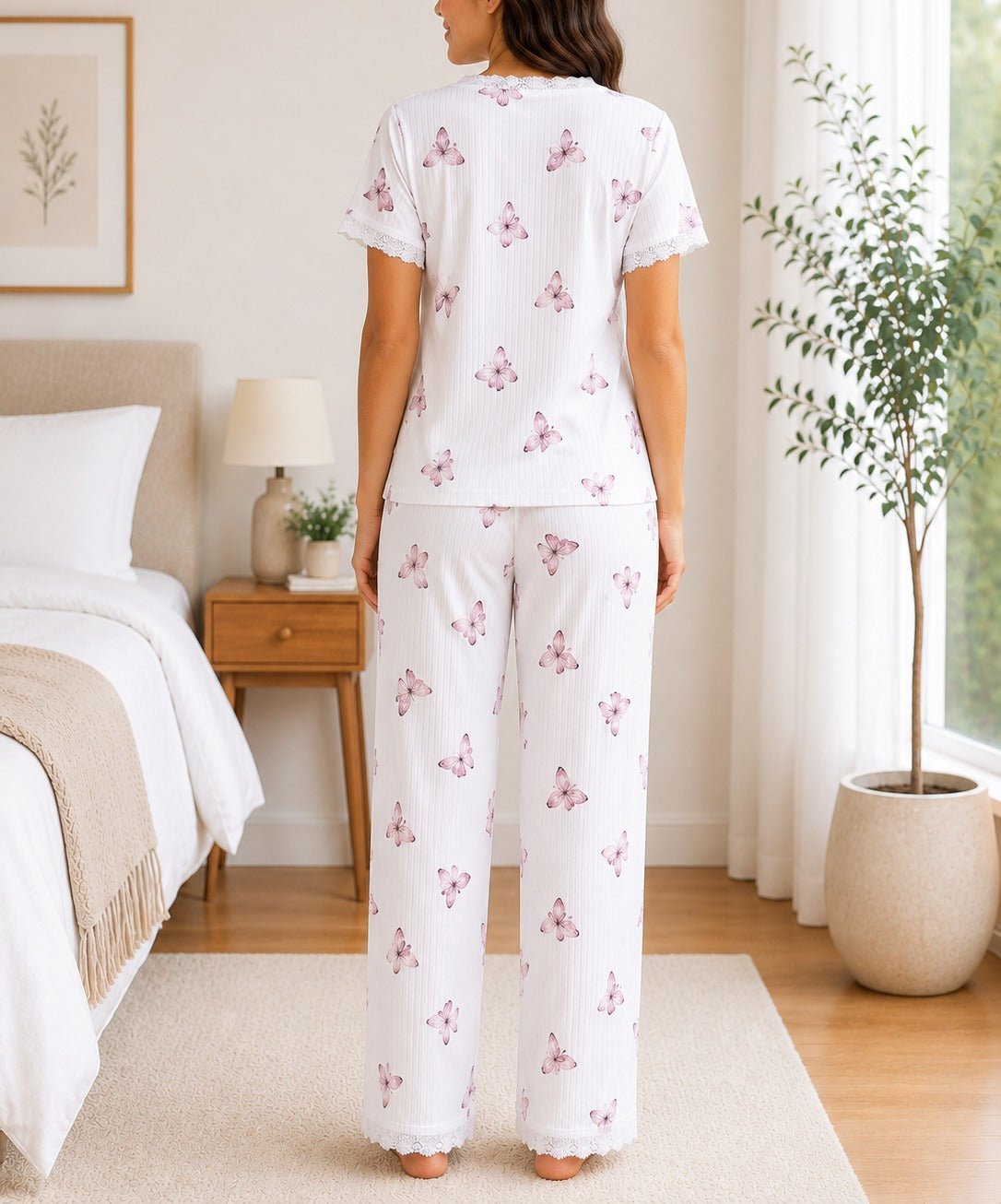 Ladies Lace Trim V-Neck Butterfly Print Pyjama Set - StylePhase SA
