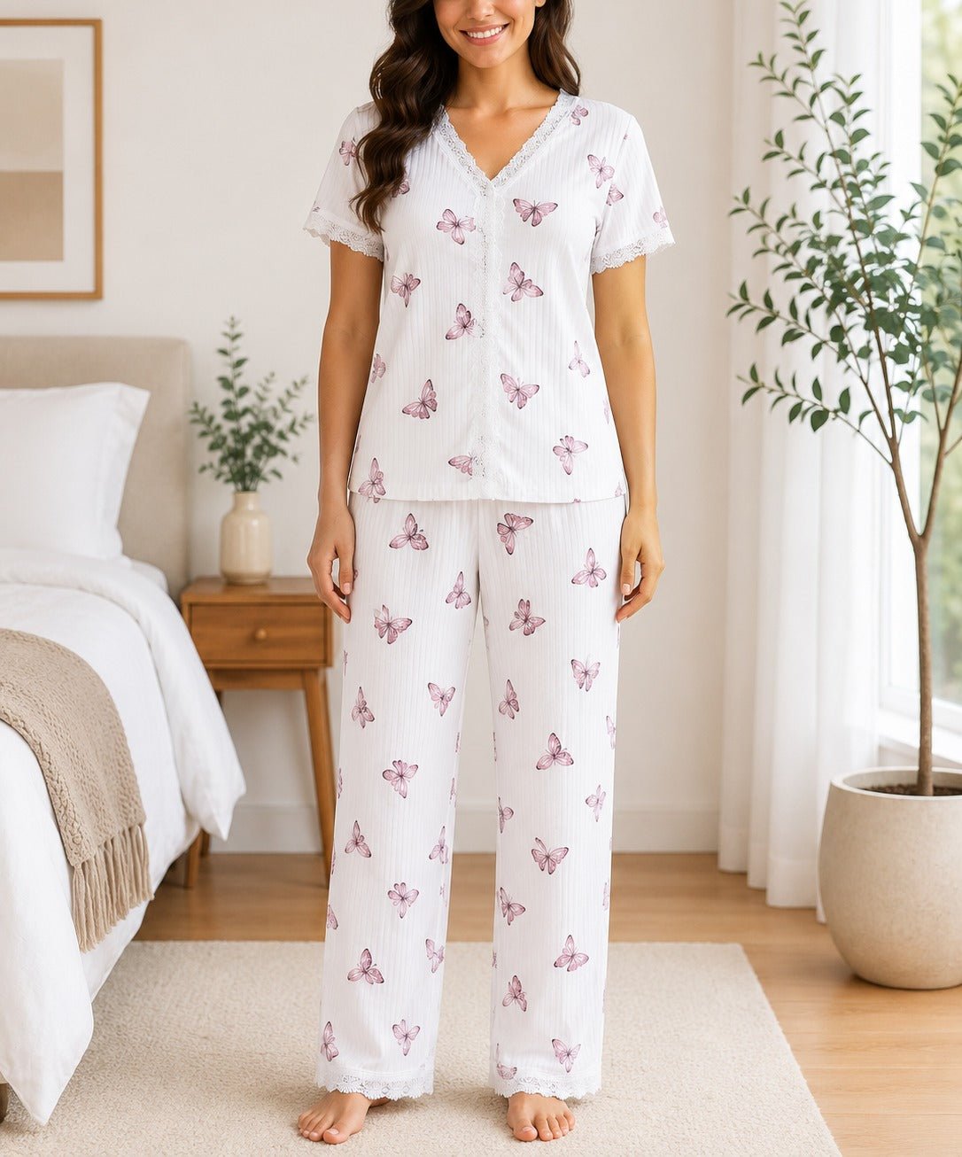 Ladies Lace Trim V-Neck Butterfly Print Pyjama Set - StylePhase SA