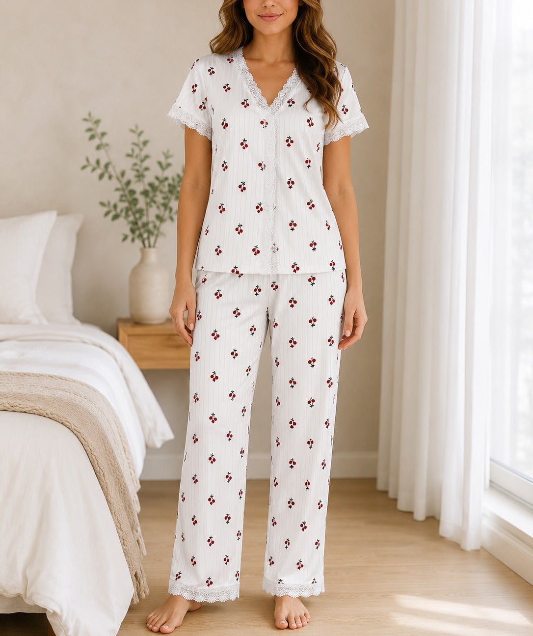 Ladies Lace Trim V-Neck Cherry Print Pyjama Set - StylePhase SA
