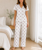 Ladies Lace Trim V-Neck Cherry Print Pyjama Set - StylePhase SA