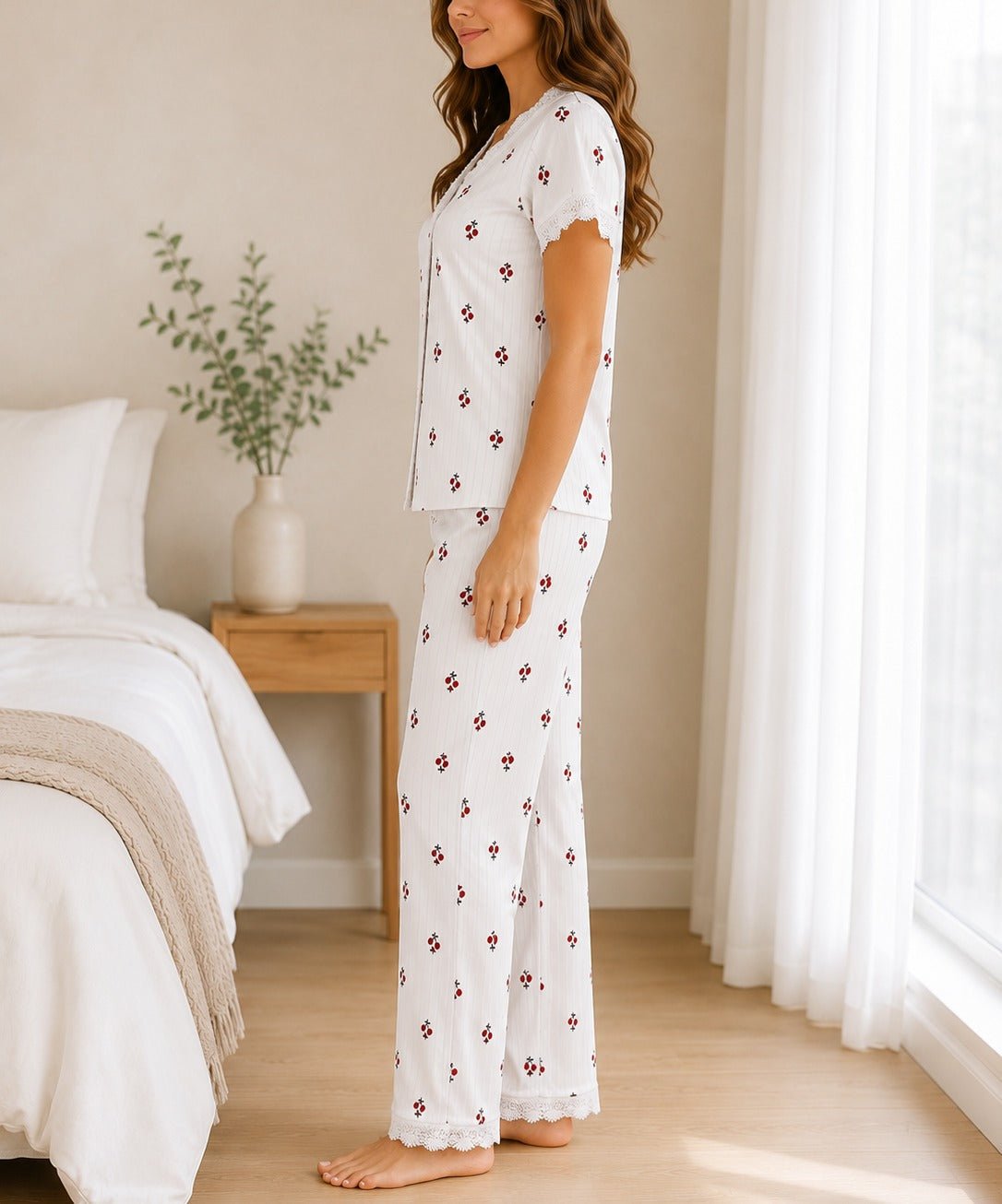 Ladies Lace Trim V-Neck Cherry Print Pyjama Set - StylePhase SA