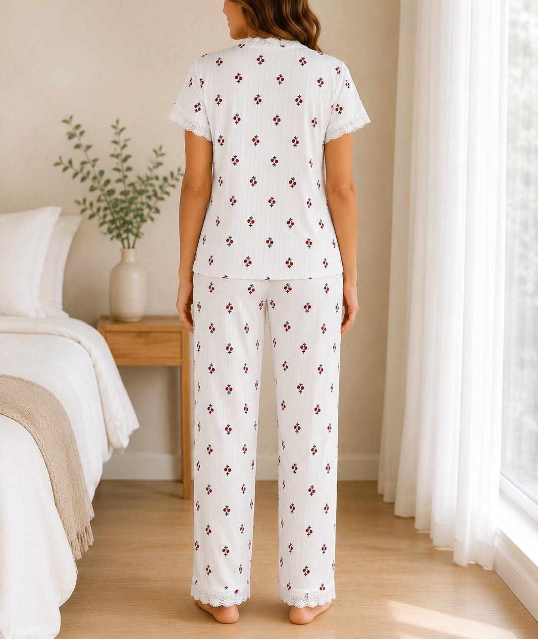 Ladies Lace Trim V-Neck Cherry Print Pyjama Set - StylePhase SA