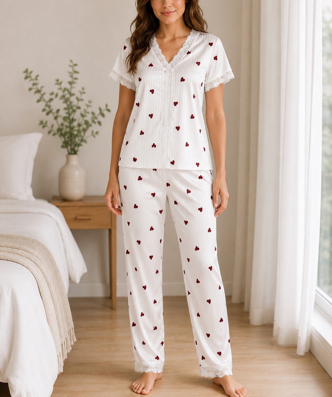 Ladies Lace Trim V-Neck Heart Print Pyjama Set - StylePhase SA