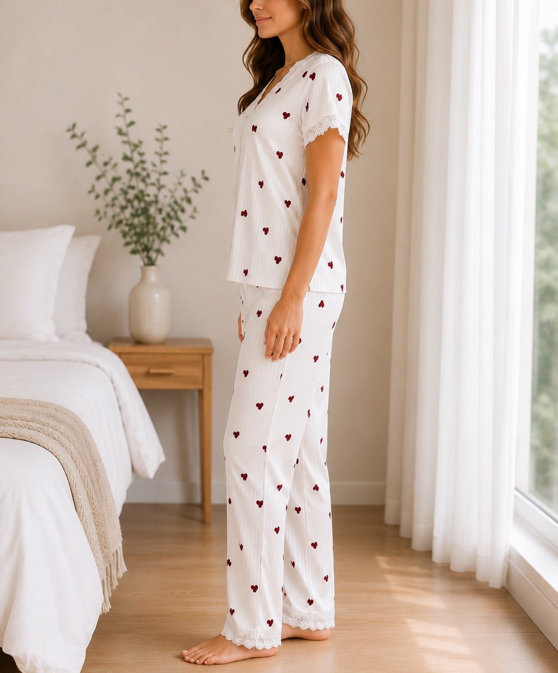 Ladies Lace Trim V-Neck Heart Print Pyjama Set - StylePhase SA