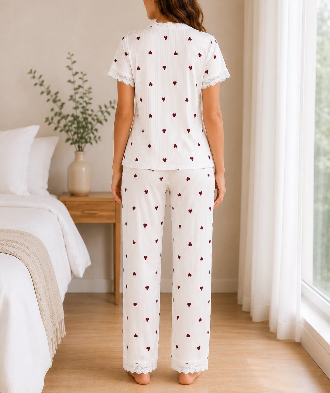 Ladies Lace Trim V-Neck Heart Print Pyjama Set - StylePhase SA
