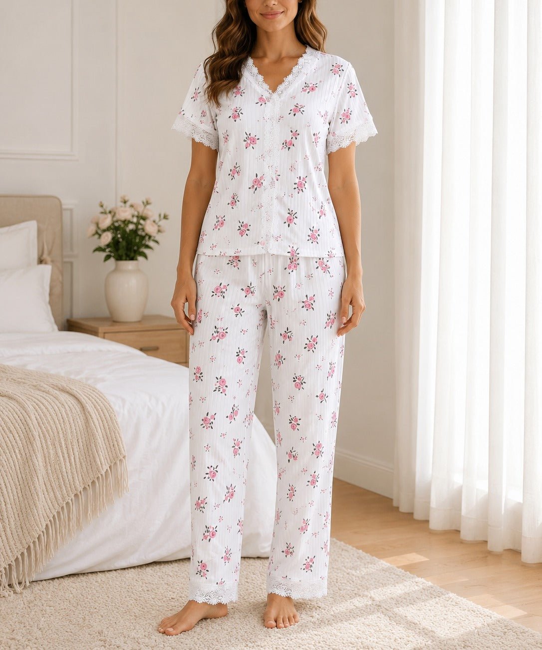 Ladies Lace Trim V-Neck White Floral Print Pyjama Set - StylePhase SA