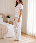 Ladies Lace Trim V-Neck White Floral Print Pyjama Set - StylePhase SA