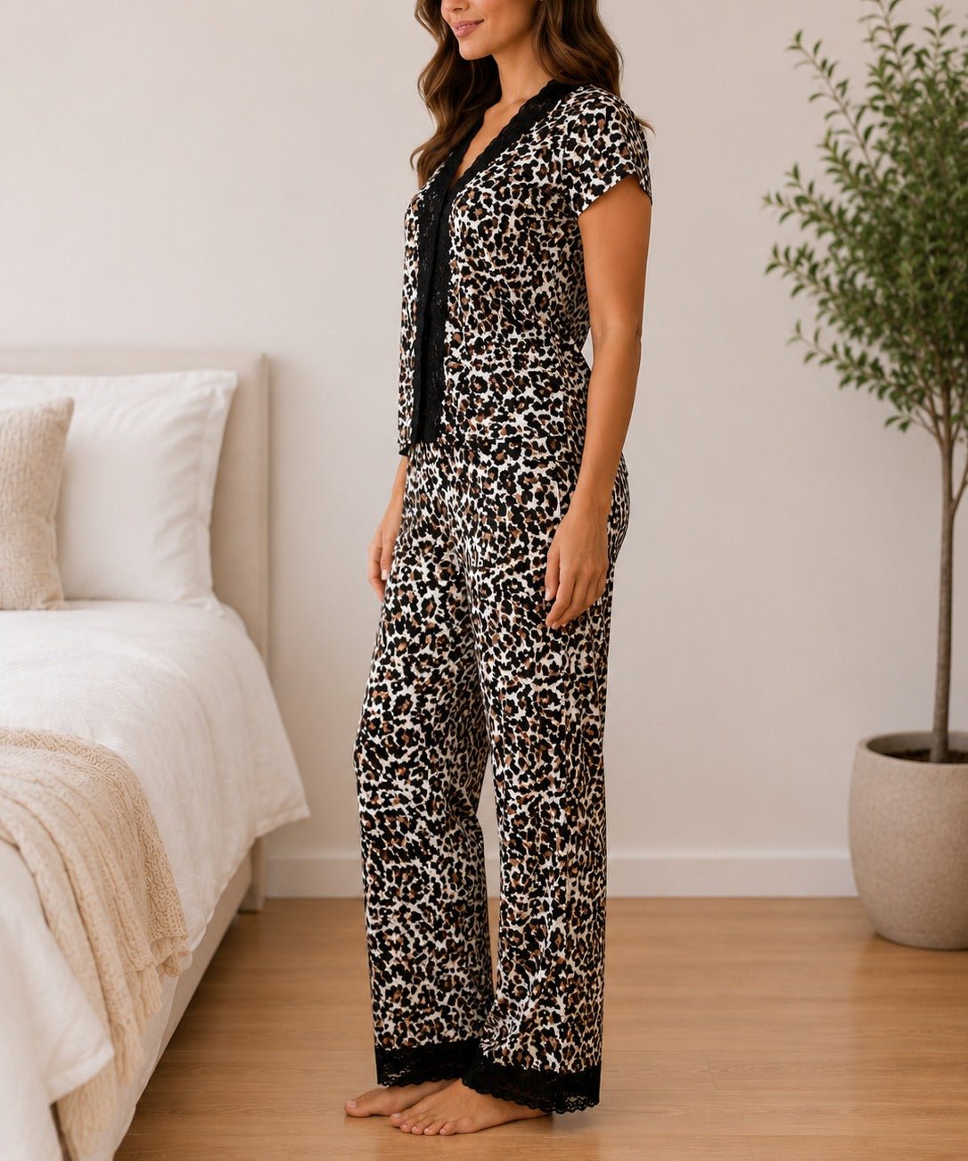 Ladies Lace V- Neck Leopard Print Sleepwear Set - StylePhase SA
