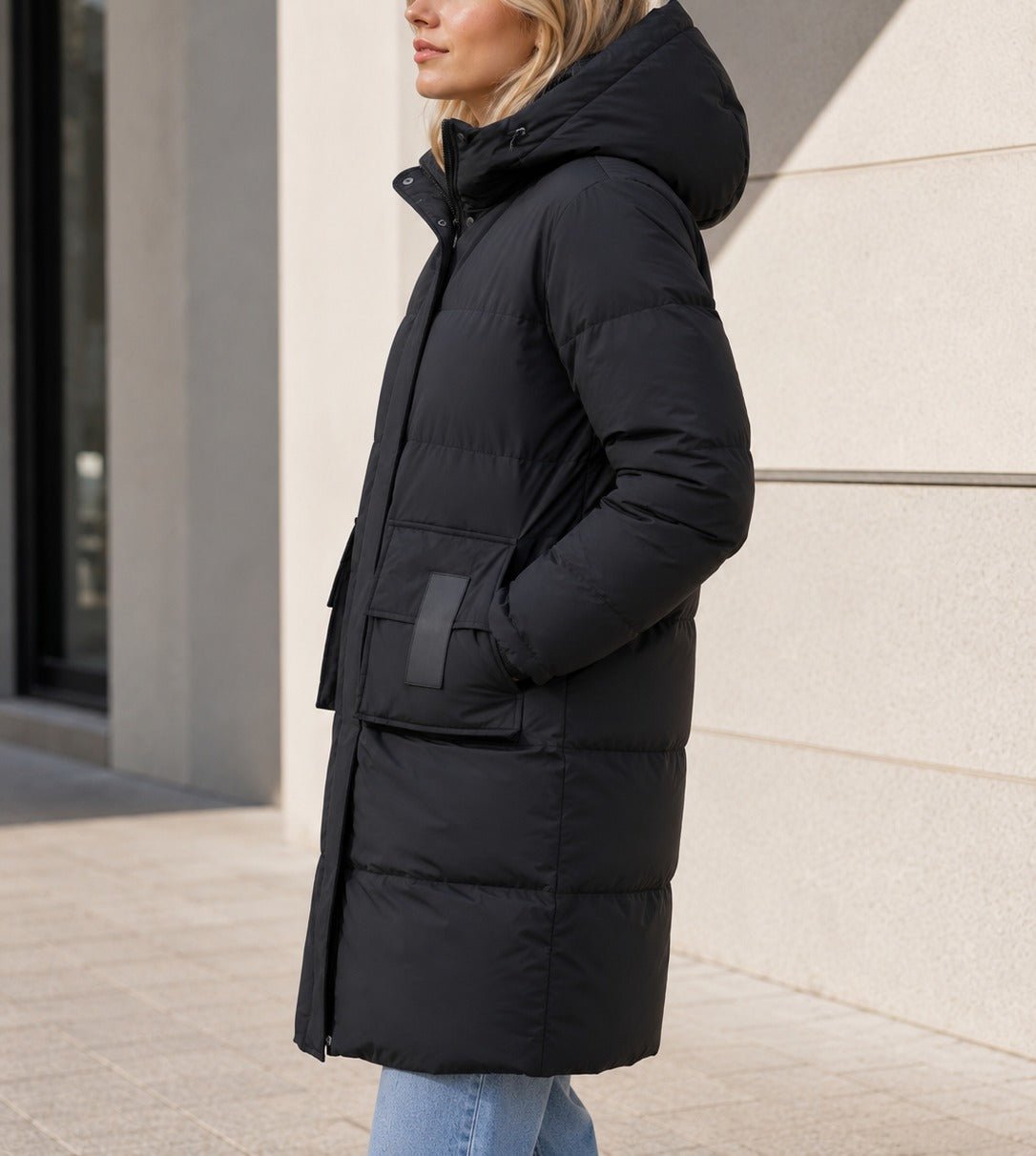 Ladies Large Pocket Patch Black Puffer Jacket - StylePhase SA