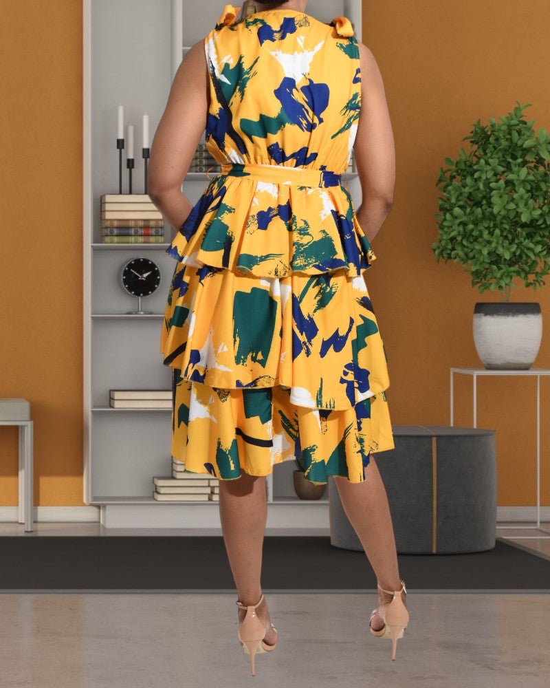 Ladies Layered Printed Yellow Dress - StylePhase SA