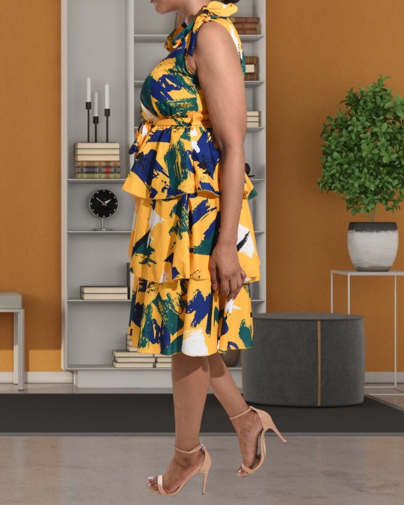 Ladies Layered Printed Yellow Dress - StylePhase SA