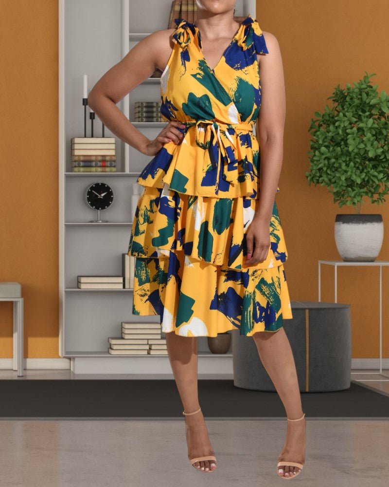 Ladies Layered Printed Yellow Dress - StylePhase SA