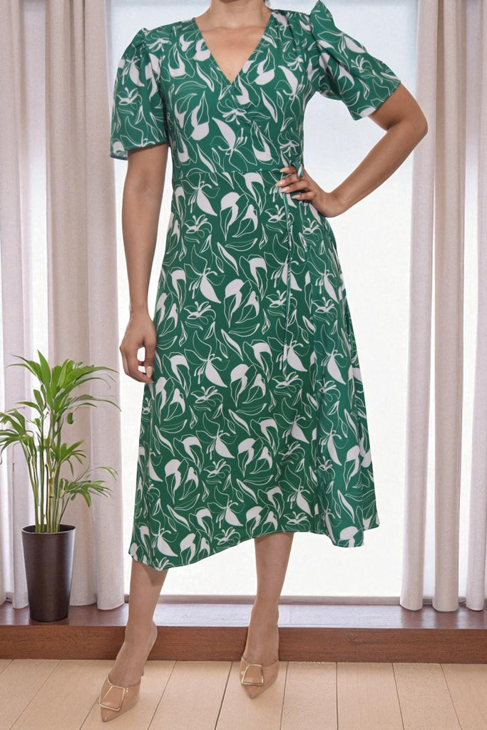 Ladies Leaf Print Green Floral Wrap Dress - StylePhase SA