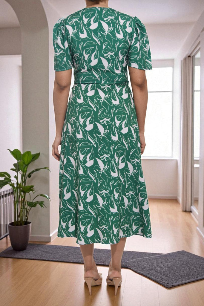 Ladies Leaf Print Green Floral Wrap Dress - StylePhase SA