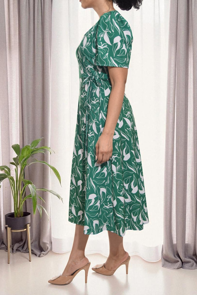 Ladies Leaf Print Green Floral Wrap Dress - StylePhase SA