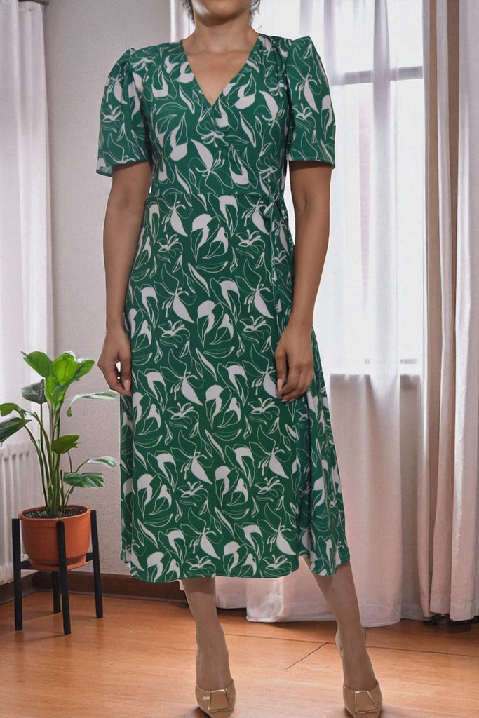 Ladies Leaf Print Green Floral Wrap Dress - StylePhase SA