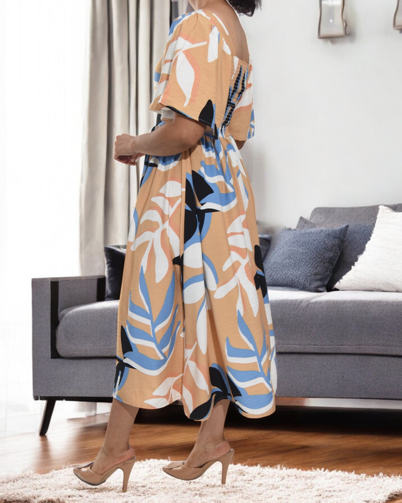 Ladies Leaf Print Square Neck Dress - StylePhase SA