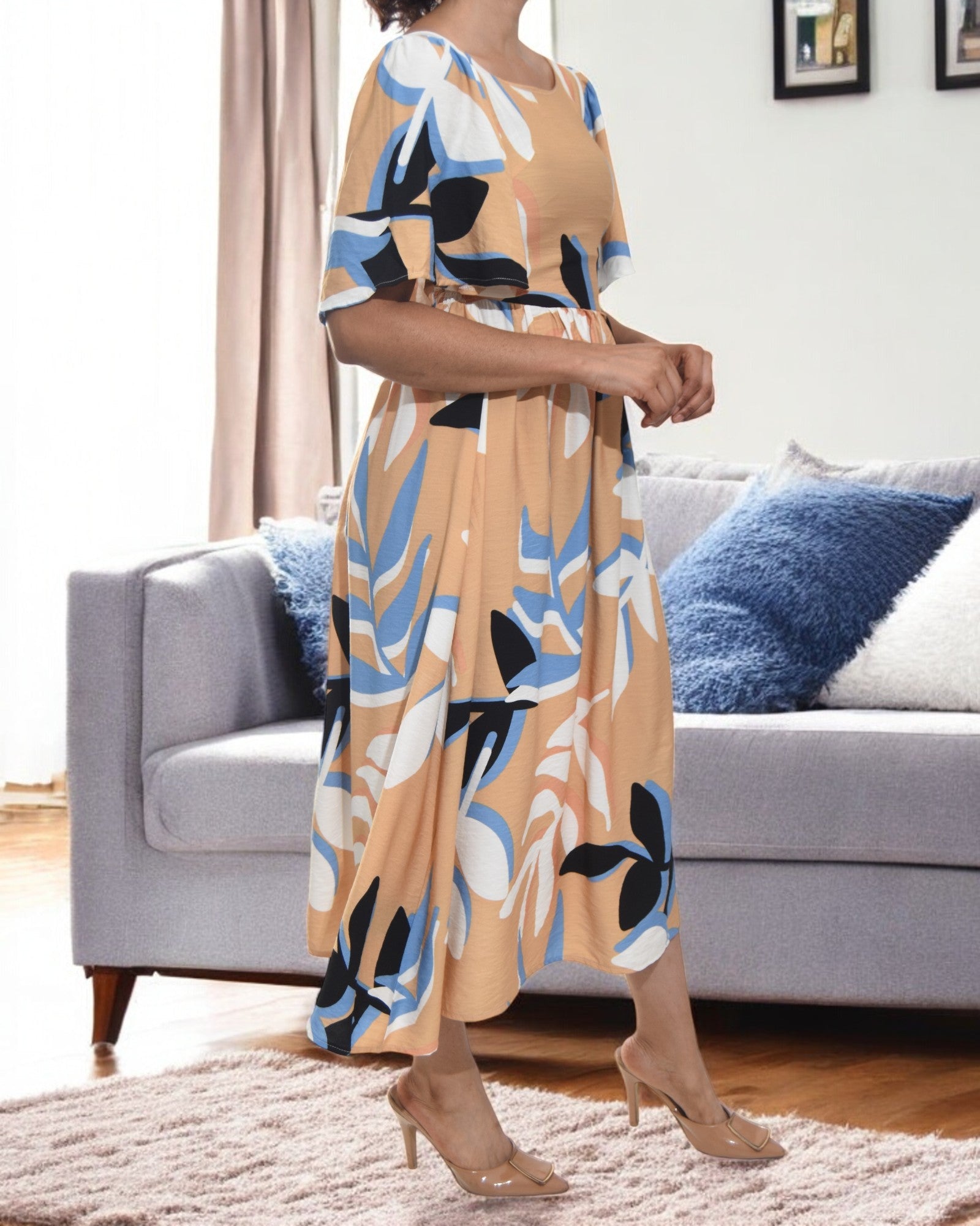 Ladies Leaf Print Square Neck Dress - StylePhase SA