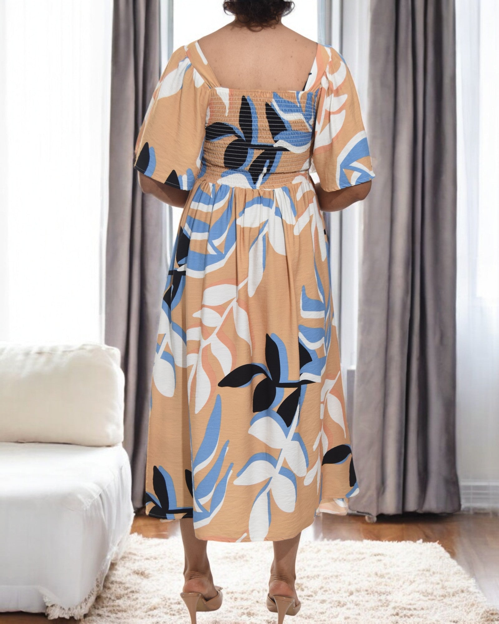 Ladies Leaf Print Square Neck Dress - StylePhase SA
