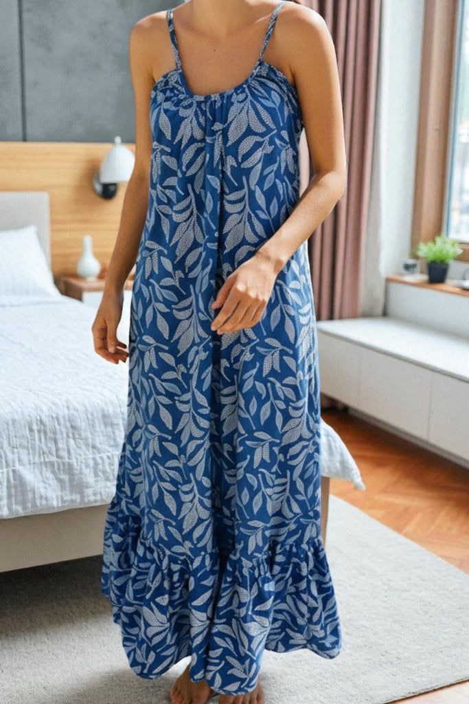 Ladies Leaf Printed Strappy Ruffle End Dress - Navy - StylePhase SA