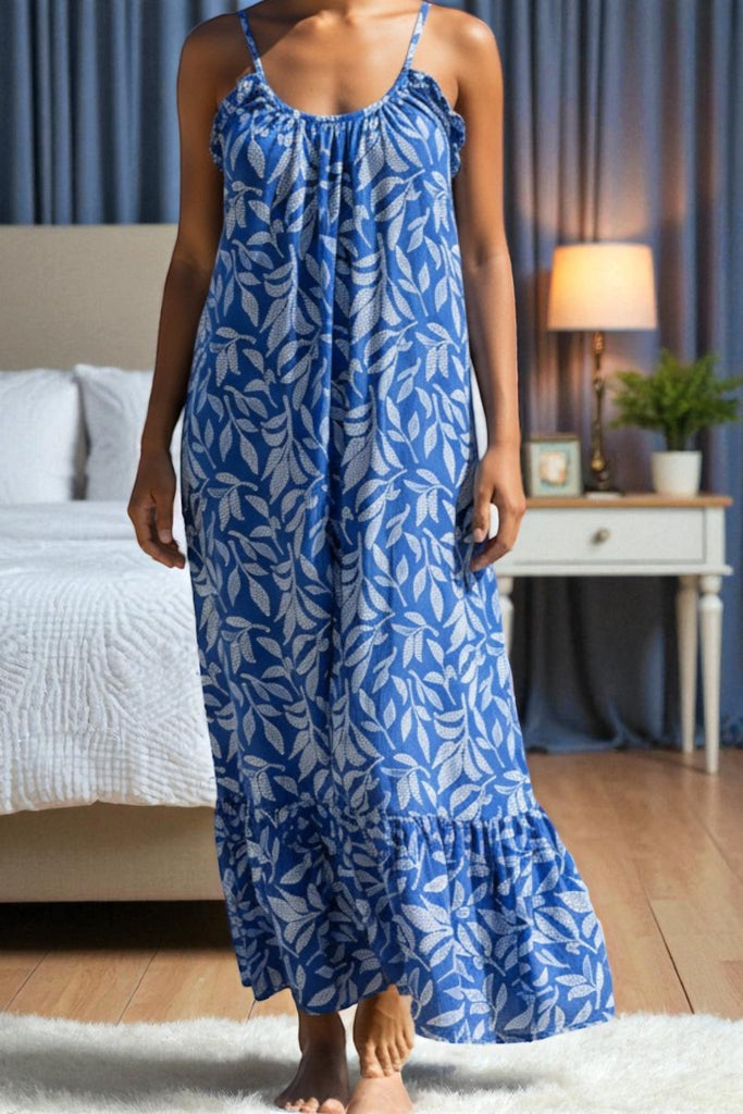 Ladies Leaf Printed Strappy Ruffle End Dress - Navy - StylePhase SA