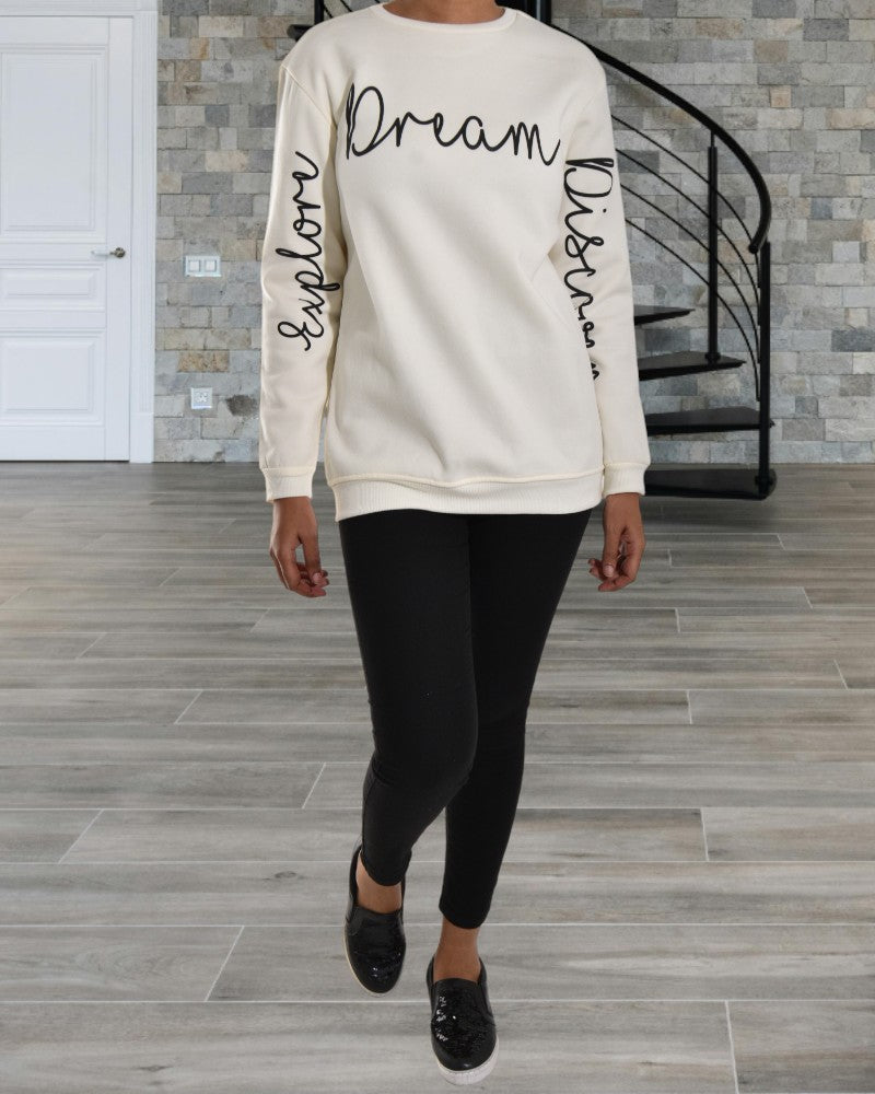 Ladies Letter Graphic Cream Sweat Shirt - StylePhase SA