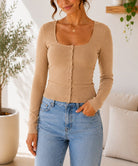 Ladies Light Beige Button Front Scoop Neck Knit Cardigan - StylePhase SA