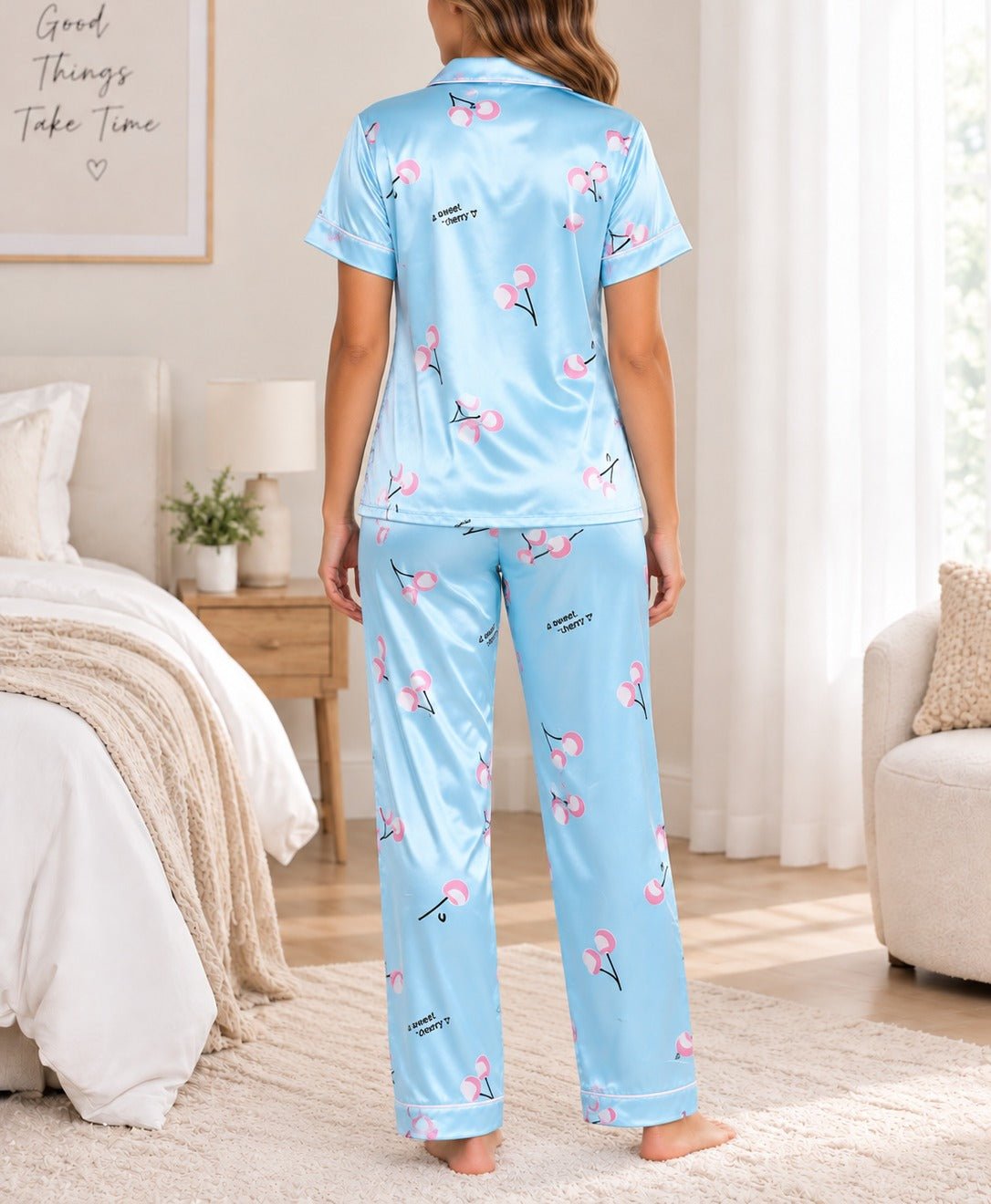 Ladies Light Blue Cherry Print Satin Pyjama Set - StylePhase SA