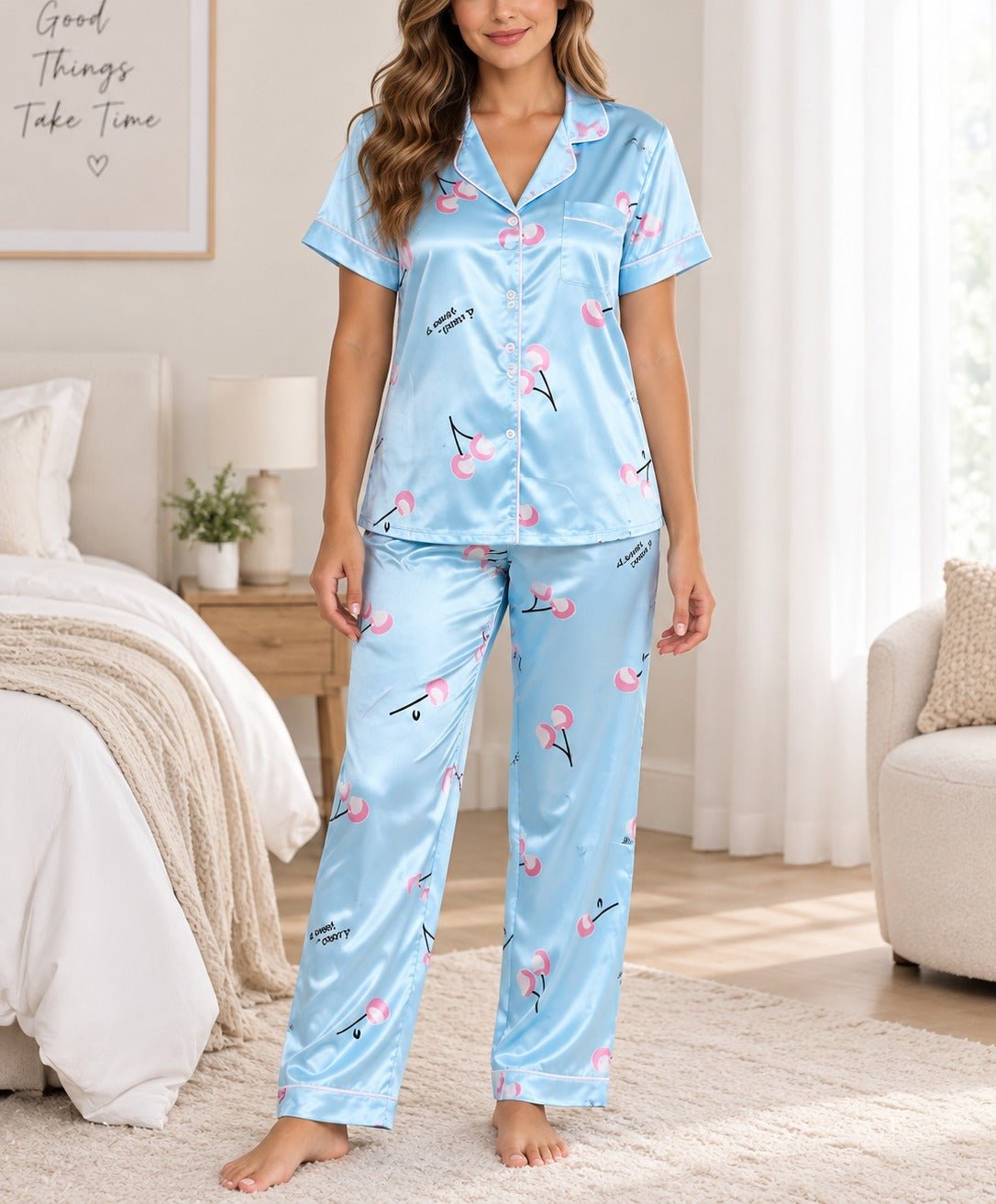 Ladies Light Blue Cherry Print Satin Pyjama Set - StylePhase SA