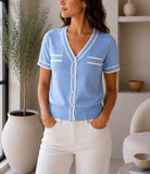 Ladies Light Blue Contrast Trim Button Front Knit Cardigan - StylePhase SA