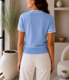 Ladies Light Blue Contrast Trim Button Front Knit Cardigan - StylePhase SA