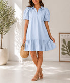 Ladies Light Blue Denim Bubble Sleeve Ruffle Hem Dress - StylePhase SA