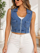 Ladies Light Blue Denim Front Zipper Crop Top - StylePhase SA