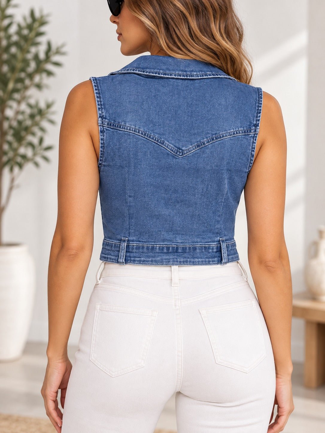 Ladies Light Blue Denim Front Zipper Crop Top - StylePhase SA
