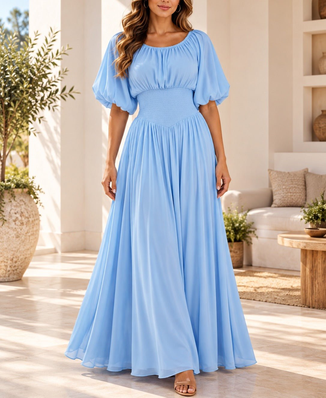 Ladies Light Blue Pleated Smocked Maxi Dress - StylePhase SA