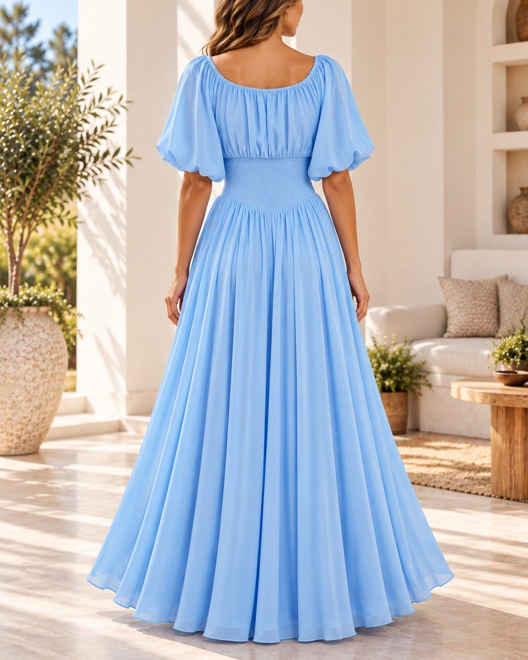 Ladies Light Blue Pleated Smocked Maxi Dress - StylePhase SA