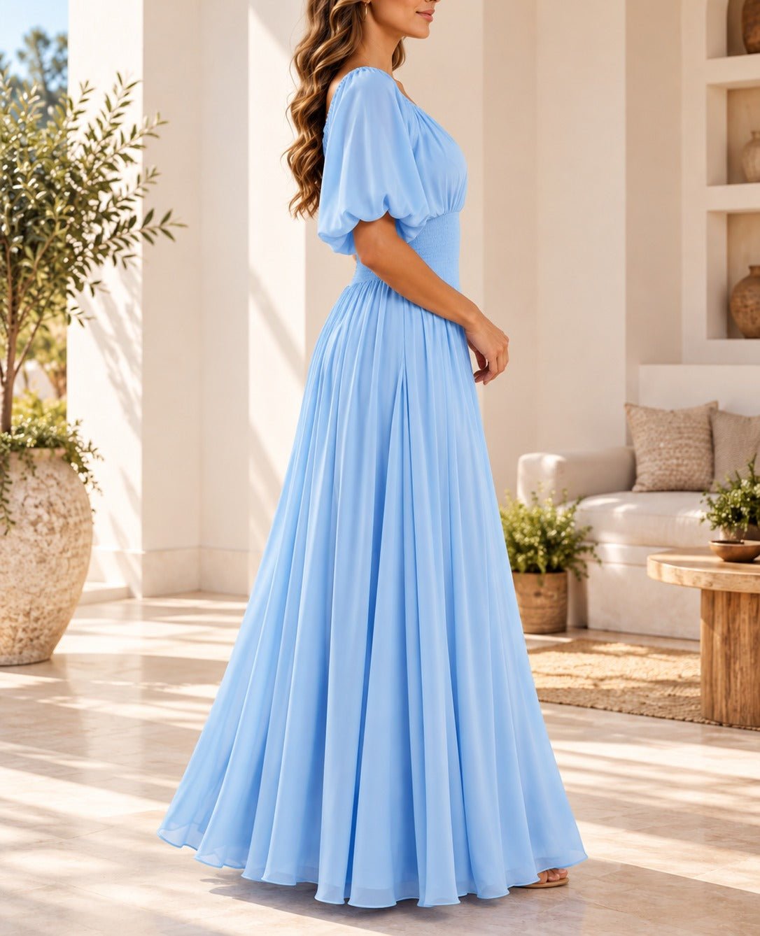 Ladies Light Blue Pleated Smocked Maxi Dress - StylePhase SA