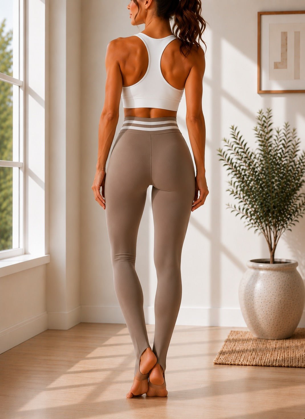 Ladies Light Brown High Rise-Foot Strap Leggings - StylePhase SA